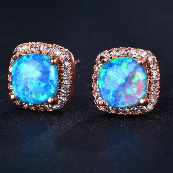 *18K Rose Gold Blue Opal Diamond Halo Earrings - Picture 2 of 6